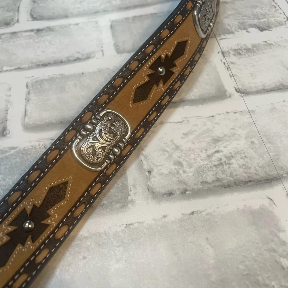 Ariat Two-Tone Tan and Brown Western Leather Belt with Ornate Silver Buckle. 38.